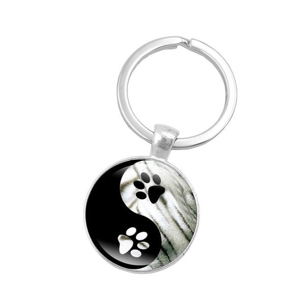 

wg 1pc yin yang tai chi cabochon time gem&stone keychain puppy footprints glass pendant keychain for felame jewelry gift, Silver