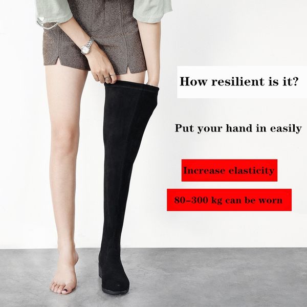 

bow women's boots 35-44 fall/winter suede women's boots knee-high thigh round flat springy shoes, Black