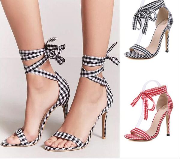 

ladies dress shoes red and black plaid fabric bow tie design sandals banquet high heels