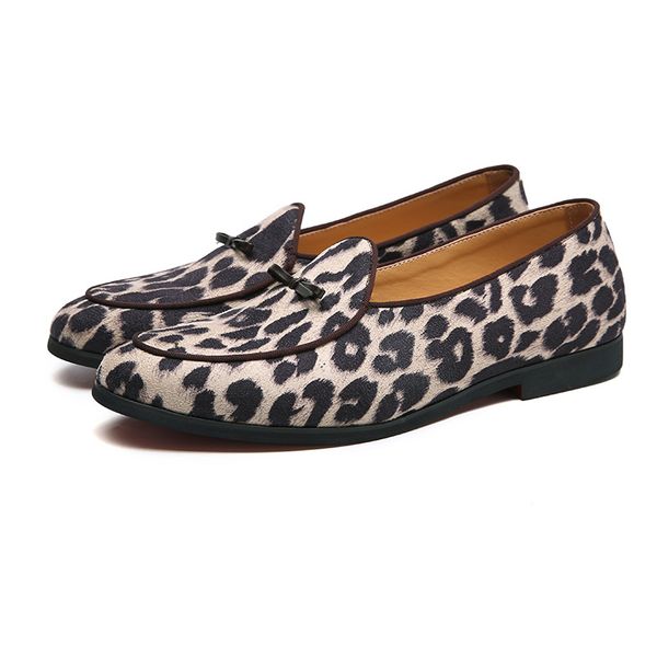 

luxury suede slippers bow loafers handmade slip on men leopard print dress shoes designer patchwork men's smoking shoes, Black