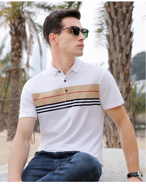 

designer tees striped business mens designer polos casual loose summer solid color tshirts lapel neck short sleeve with button mens, White;black