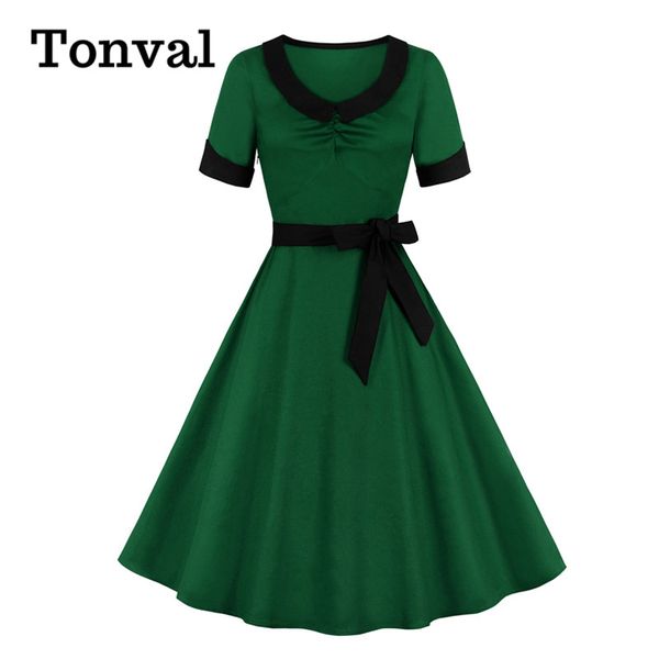 

tonval ruched high waist 50s 60s vintage robe rockabilly swing dresses for women short sleeve belted elegant midi dress, Black;gray