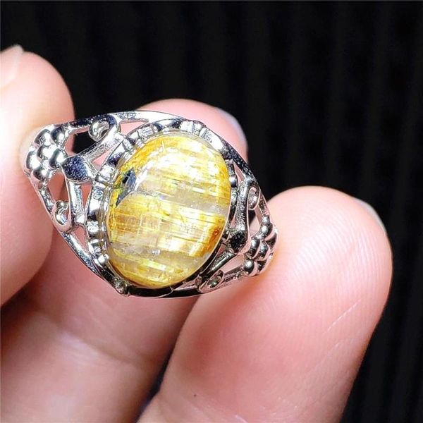 

cluster rings genuine natural gold rutilated quartz adjustable ring 11x8mm crystal oval 925 sterling silver wealthy stone women, Golden;silver
