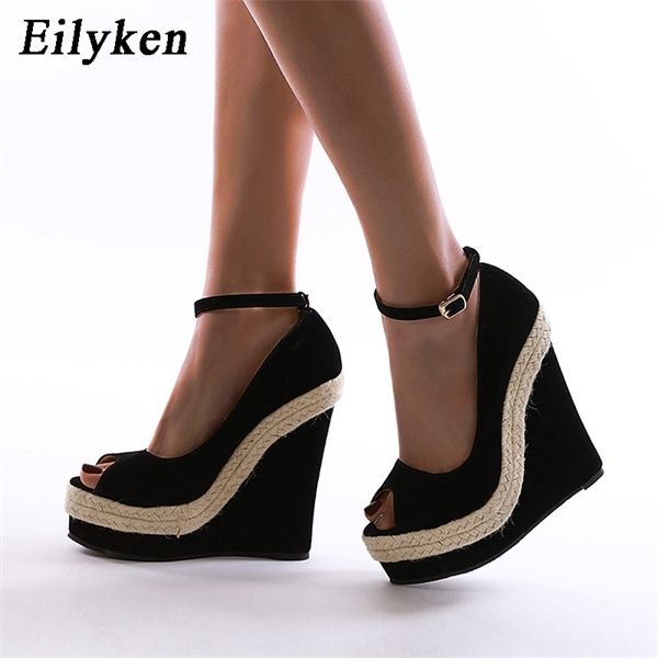 

eilyken straw weave wedges platform sandals new high heels women buckle strap summer party ankle wrap black shoes 0925