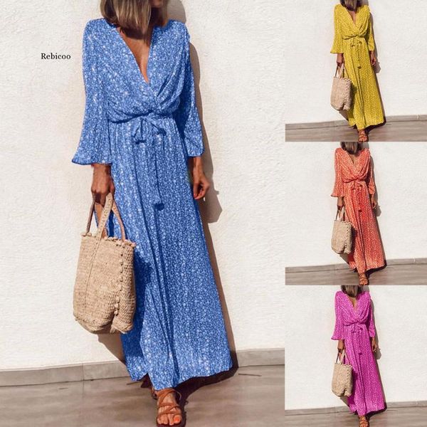 

women casual v-neck floral print long dress summer autumn long sleeve maxi boho dress sashes party s-5xl, Black;gray