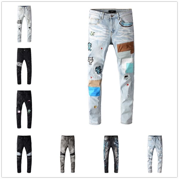 

2020 mens jeans distressed motorcycle biker jeans slim ripped hole stripe famous brand denim pants hip hop jeans, Blue