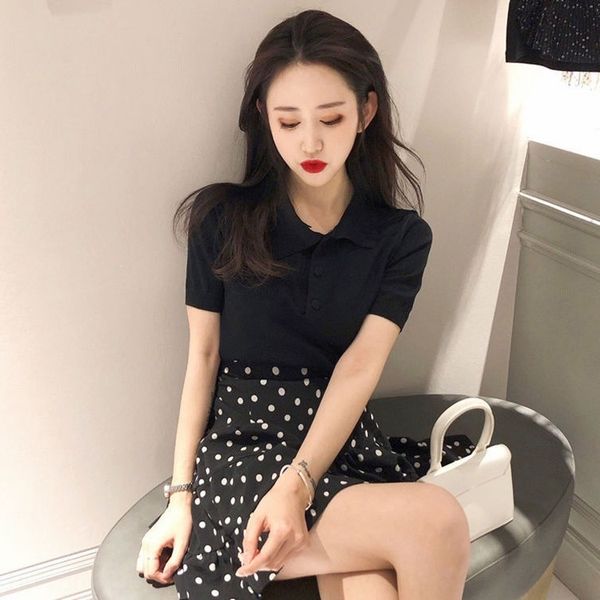 

collar style korean summer new 2020 wg3ni chic skirt short slim-fit polo all-match simple skirt 4lqtb sweater t women's short-sleeved s, Black