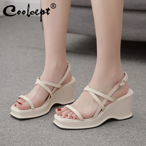

coolcept women sandals real leather high platform wedges women summer shoes fashion party shoes footwear size 33-40, Black