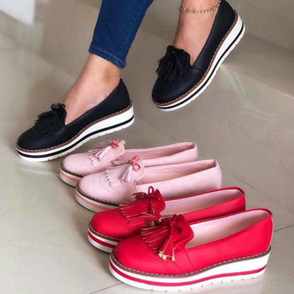 

2020 fashion fringe casual shoes slip-on platform woman comfortable lady loafers women flats tenis feminino zapatos de mujer, Black