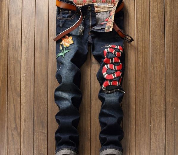 

cobra floral embroidery men denim jeans full length straight washed male cowboy pants bleached slim fashion patchwork, Blue