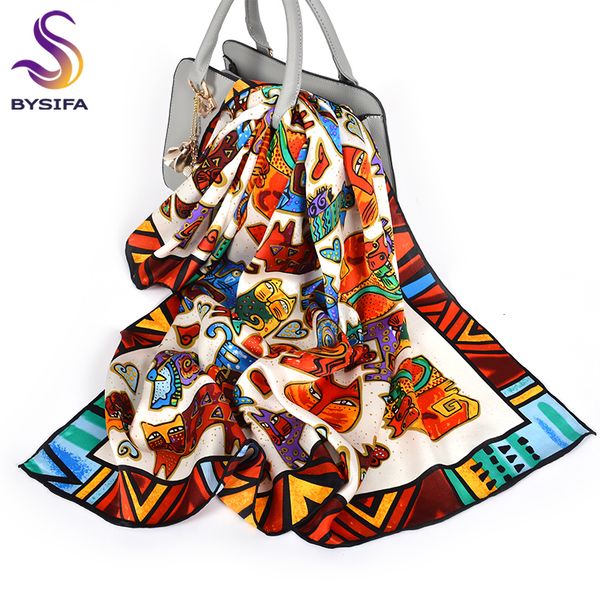 

bysifa] cartoon cat white scarves fashion brand 100% silk scarf shawl printed fall winter grade women scarves wraps 88*88cm, Blue;gray