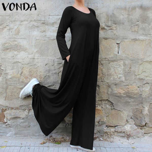 

2020 autumn vonda women overalls elegant rompers woman jumpsuits vintage casual loose o neck wide leg pants long playsuits s-5xl, Black;white