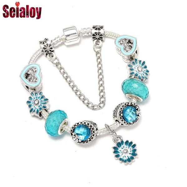 

seialoy blue daisy dangle charm bracelets for women original crystal snowflakes bow heart beaded bracelet & bangle jewelry, Golden;silver