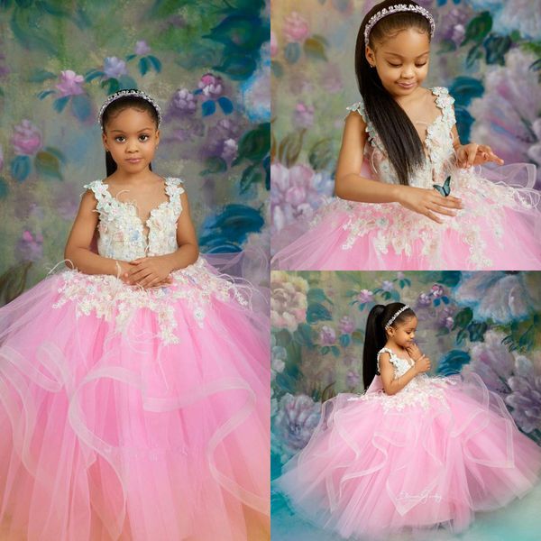 

pink ball gown flower girl dresses with lace appliques v neck girls pageant gowns kids party celerity dress, White;blue