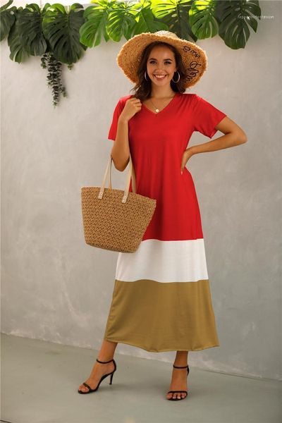 

womens v-neck contrast color dress woman plus size summer striped 5xl patchwork short sleeve dresses women fashion loose casual clothes, Black;gray