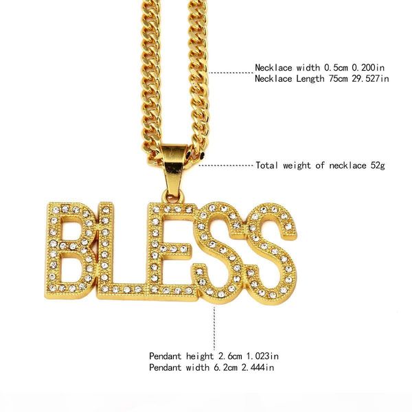 

k 18k gold plated mens hip -hop rhinestone bless letter necklace with 30 &quot ;inch chain pendant for boy girl, Silver