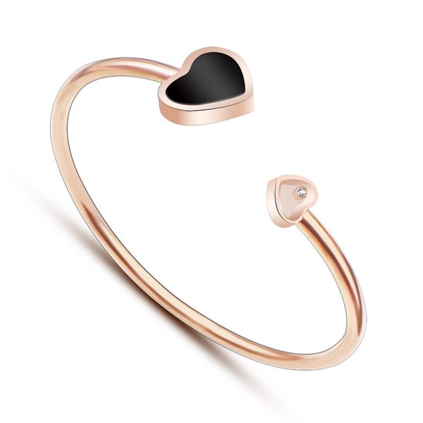 

delicate 2 heart shell crystal stainless steel bracelets bangles for women female girl trendy upscale office jewelry gift party, Black