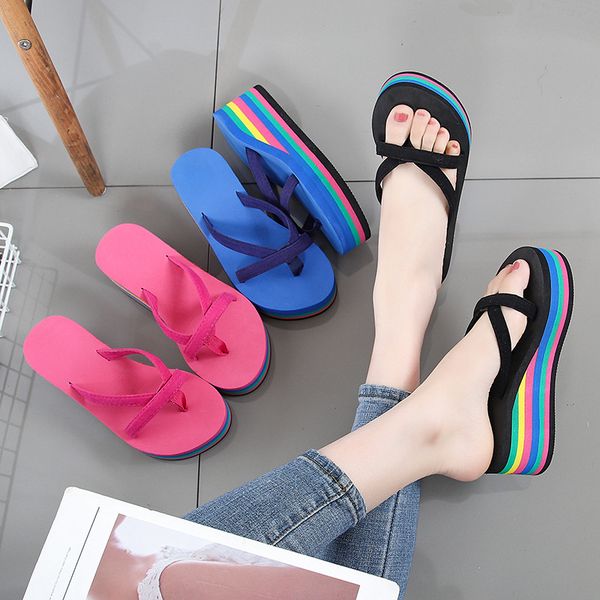 

summer new wedge flip flop women slippers color matching rainbow bottom high-heeled slippers non-slip beach shoe sandals t02, Black