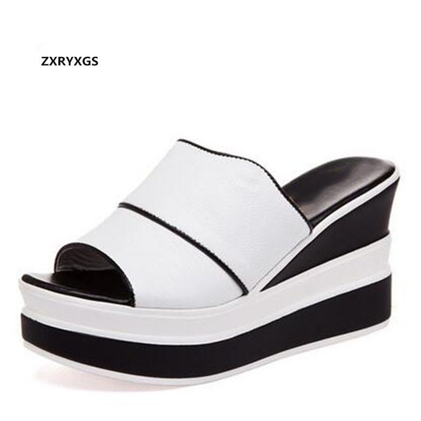 

2020 new fish mouth spell colors genuine leather sandals women slippers thick bottom wedge slippers women shoes summer sandals, Black
