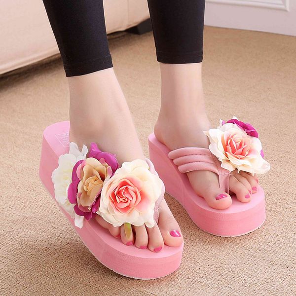 

6cm high heel women's summer beach vacation handmade slippers flower heel slippers lady xl flip-flops flip flops women, Black
