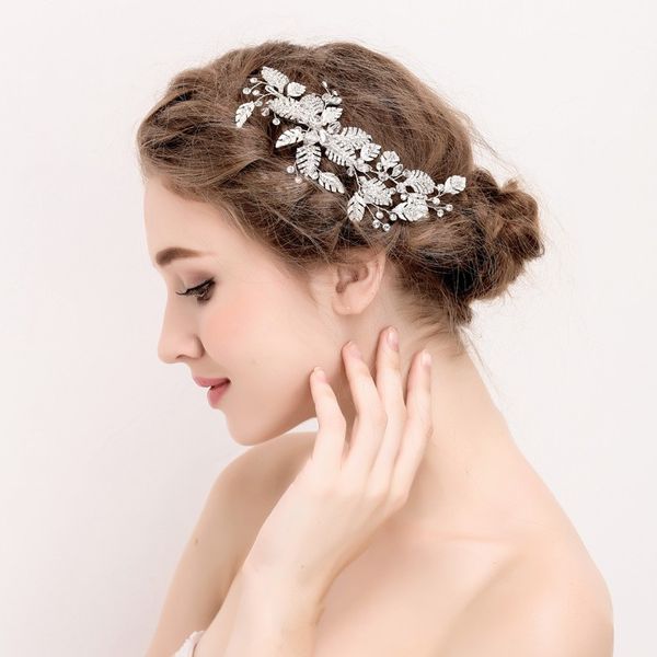 

beijia new silver leaf hair ornaments bridal clip rhinestone wedding accessories hair comb women jewelry handmade headwear, Slivery;golden