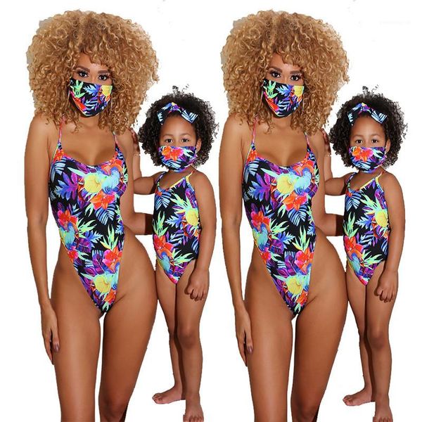 

floral printed spaghetti strap one piece swimsuits fashion parent -child outfit summer womens designer swimwear sexy, White;black