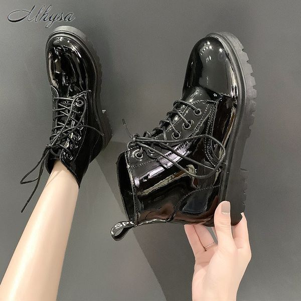 

2020 winter new boots women'sround toe flat-bottom lace-up platform fashion british style short-tube women's boots d1700, Black