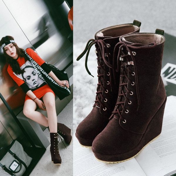 

boots 2021 autumn winter fashion women ankle wedge lace-up woman platform ladies shoes female zapatos de mujer 32 33 43, Black