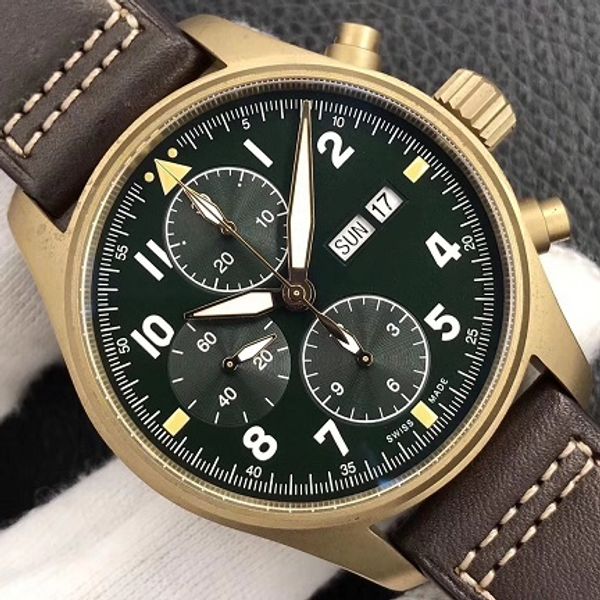 

41mm real bronze case automatic 7750 chronograph pilot men watch sapphire crystal waterproof wristwatch genuine leather strap date zf best, Slivery;brown