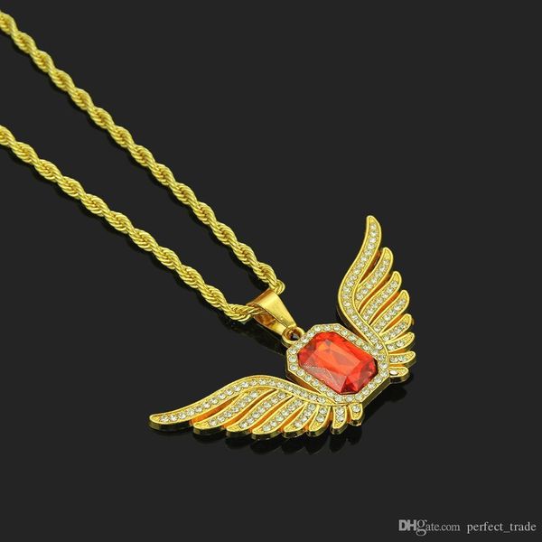 

wholesale hip hop designer necklace vintage angel wings mens necklace red crystal necklaces fashion rhinestone iced out pendant jewelry, Silver