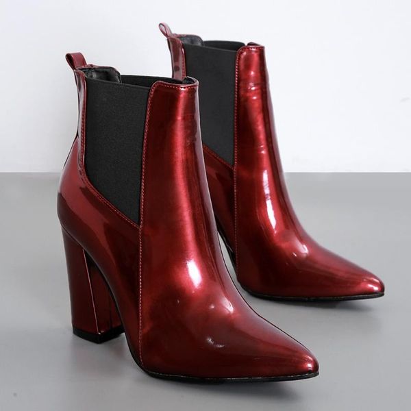 

red patent leather women boots shiny women boots elastic pointed office shoes warm fashion ankle slip-on, Black