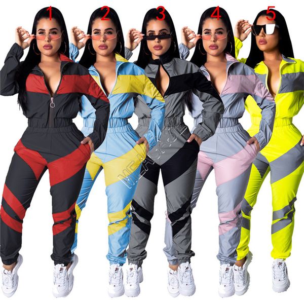 

2020 women winter jackets and pants two piece outfits autumn long sleeve tracksuit color match patchwork sportswear crop coat d82404, White