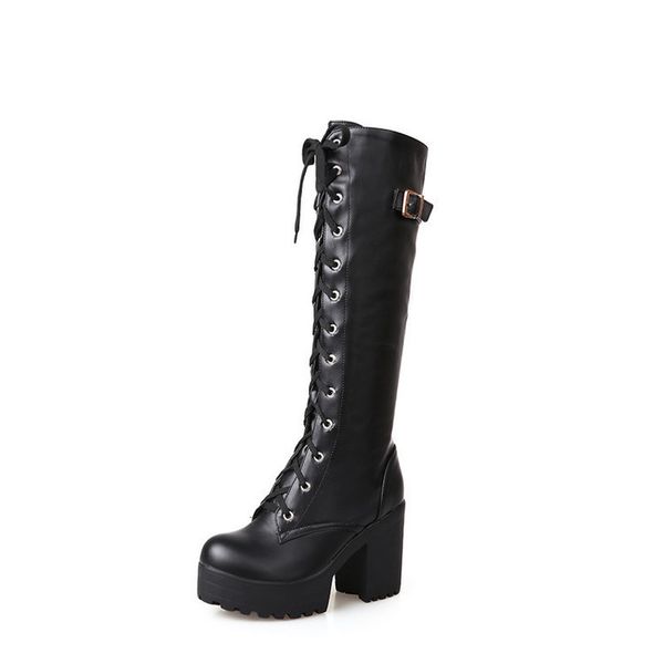 

boots women knee high chaussure booties pu leather plus size heels platform gladiator shoes woman zapatos mujer sapatod1670, Black