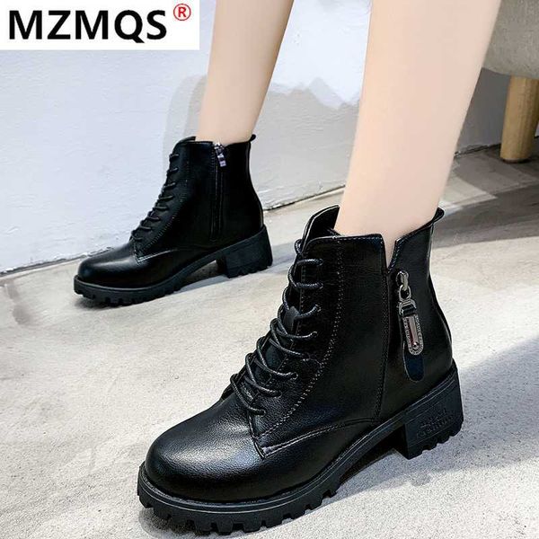 

2020 new winter women's boots fashion lace-up square-heel mid-calf boots round head side pull mid heel pu zapatos de mujer, Black