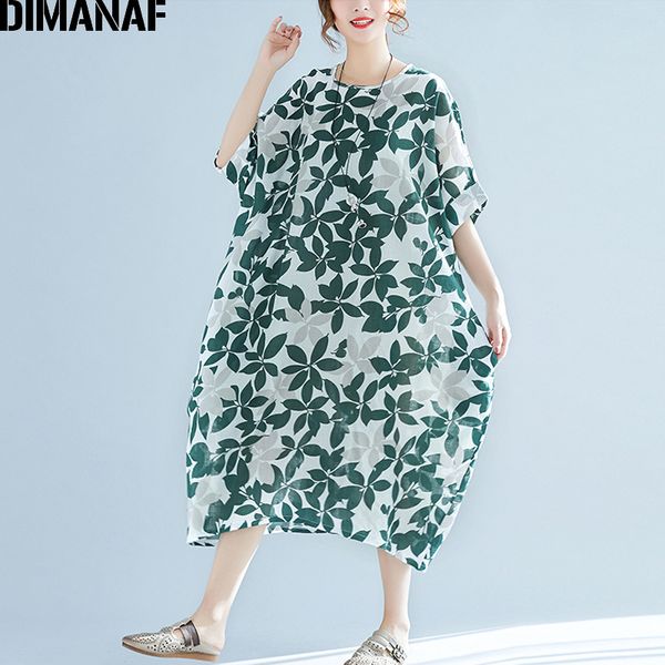 

dimanaf women dress linen plus size 2020 new summer casual female vintag vestidos floral print green oversized loose dresses, Black;gray
