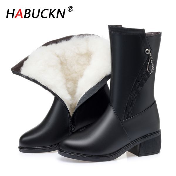

habuckn new fashoion winter mid calf boots women black real cowhide wool platform warm wool snow boots women big size 42 43