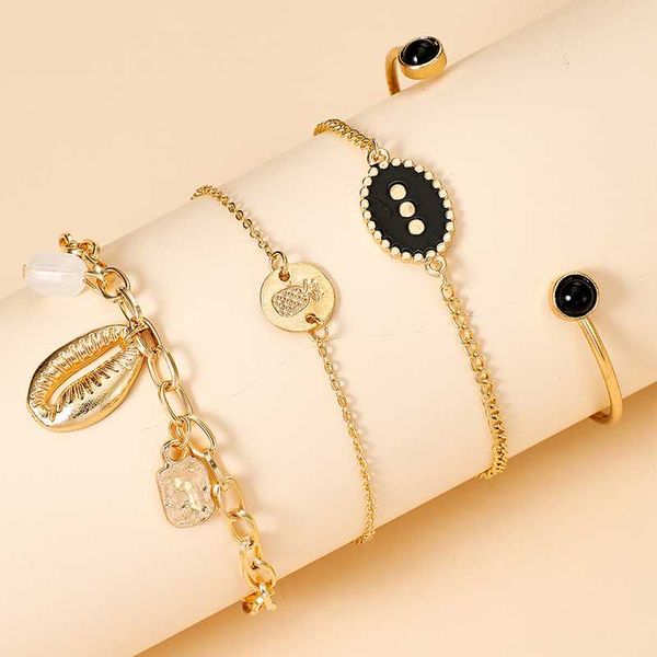 

huatang 4pc boho shell bracelet set for women multilayer geometric gold pineapple black bead open bangle beach jewelry pulseras, Golden;silver