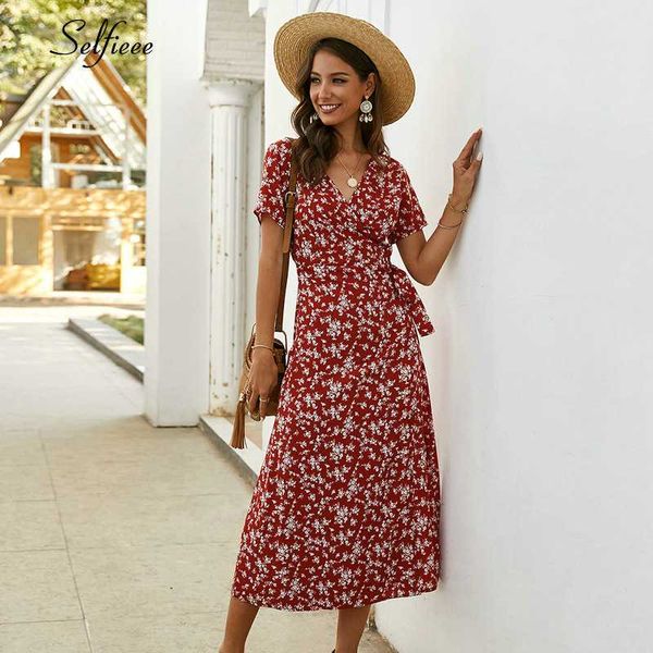 

elegant floral printed boho dress a-line ruffles v-neck short sleeve bow sashes ruched midi dress women casual summer 2020, Black;gray