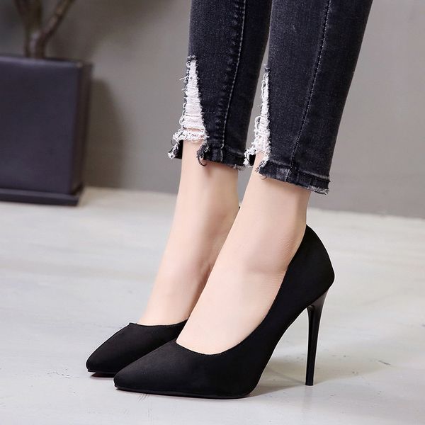 

pumps women shoes red flock slip-on shallow wedding party pointed toe high heels pump chaussures femme 11.5cm, Black