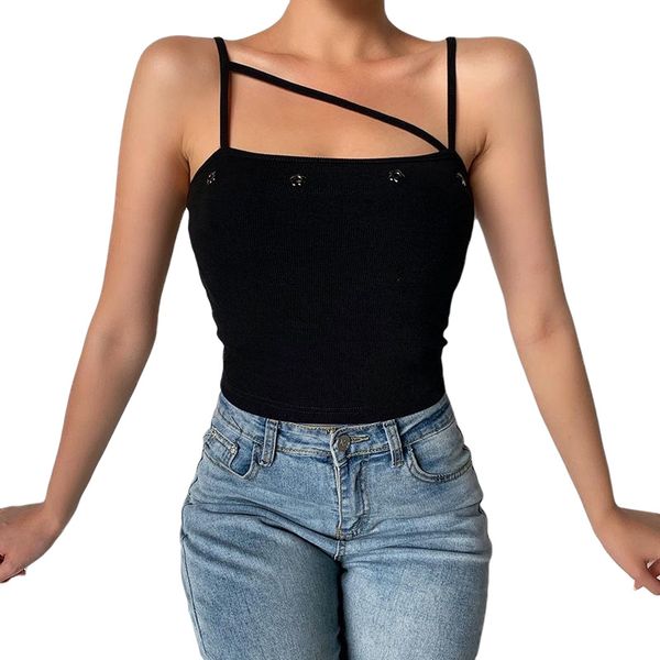 

ladies summer midriff-baring camisole girls fashionable solid color diagonal strap decoration sleeveless backless top, White