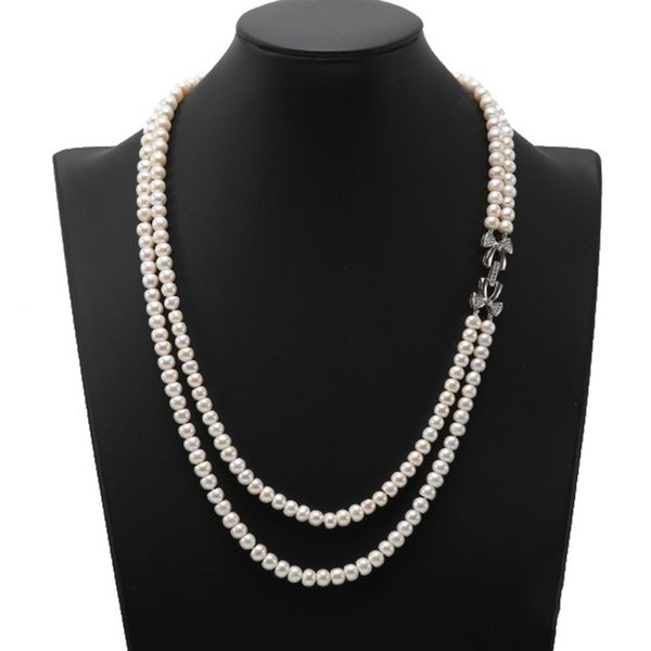 

double-strand 7-7.5mm white flatly round freshwater pearl necklace wedding gifts, Silver
