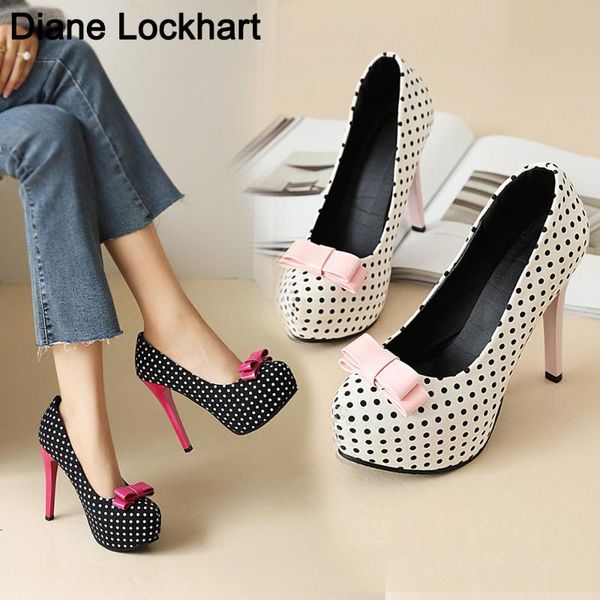 

dress shoes super high heels women platform pumps polka dot bow party woman elegant wedding female 12cm stilettos, Black