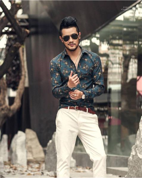 

floral designer dress shirts print turn down collar long sleeve mens shirts casual teenager fashion apparel mens, White;black