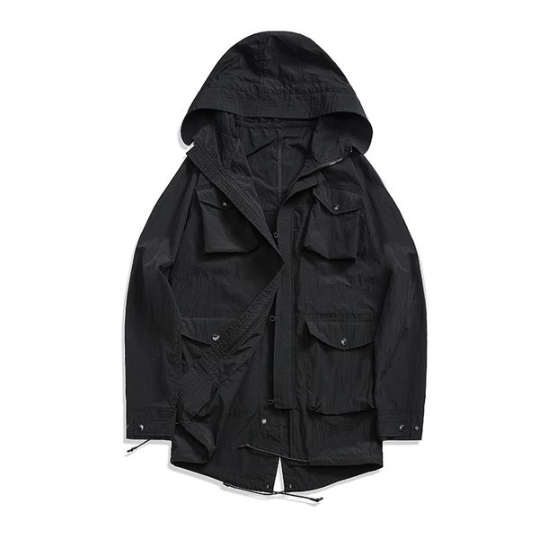

stone pirates 20ss spring and autumn new style metal nylon multi pocket long men's hooded jacket, Black;brown