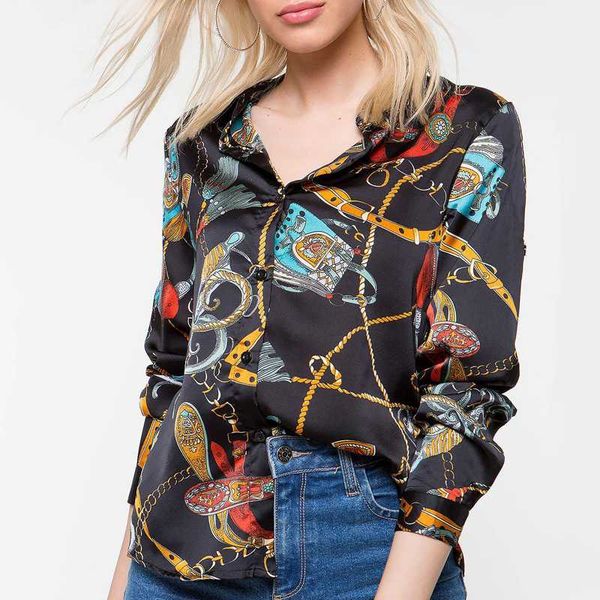 

2020 new fashion chain printing women blouse shirts casual long sleeve vintage chains print loose shirts plus size camisa, White