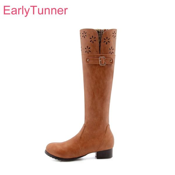 

boots brand winter fashion black yellow women knee high chunky med heels lady riding shoes ek833 plus big size 10 32 47