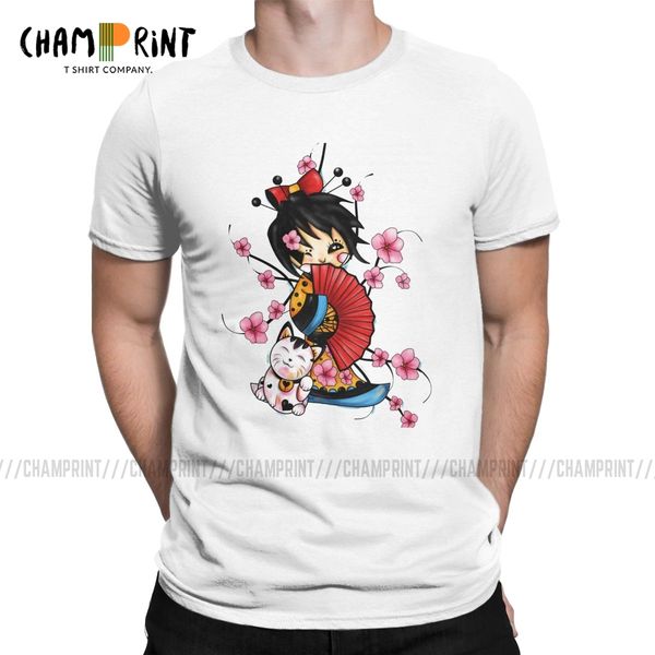 

geisha and fortune cat t-shirt men maneki neko japan lucky cat creative cotton tee shirt round collar t shirt unique clothes