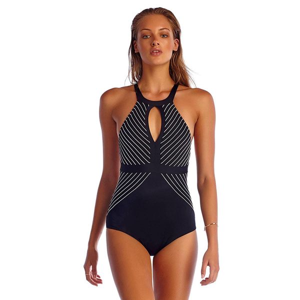 

2019 new swimwear plus size women black color one-piece swimsuit diagonal stripes halter crossed jumpsuit monokini for women