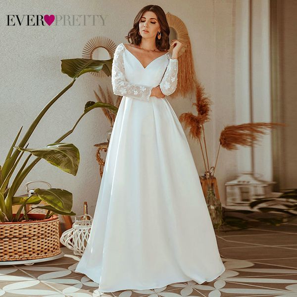 

Robe De Mariee Ever Pretty Wedding Dresses A-Line V-Neck Long Sleeve Lace Embroidery Elegant Wedding Gowns For Bride Gelinlik, Ivory