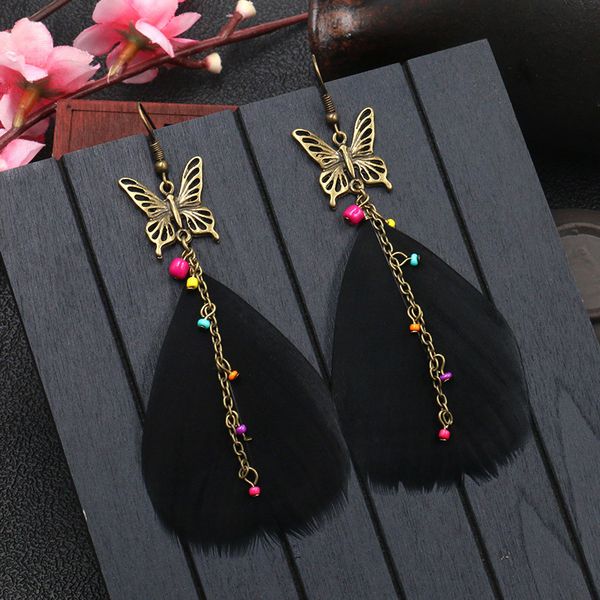 

vintage long black feather tassel dangling earrings for women bohemia beads chain butterfly pendant statement drop earrings, Silver